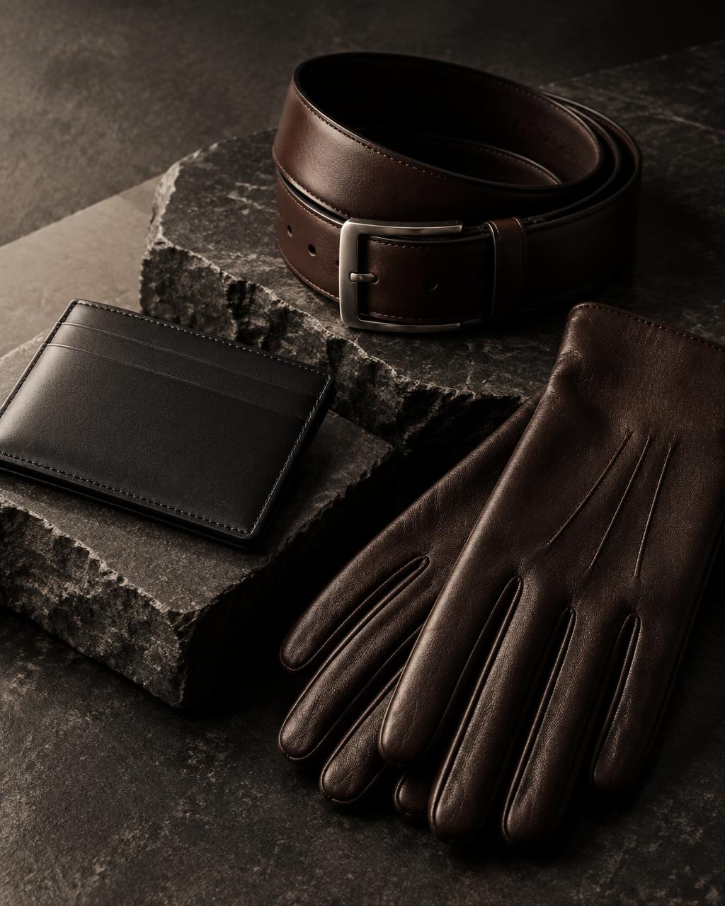Leather belt, wallet and gloves