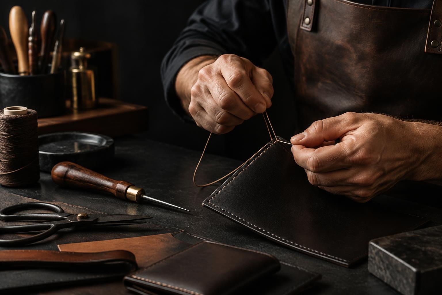 Leather artisan hand-stitching a leather piece