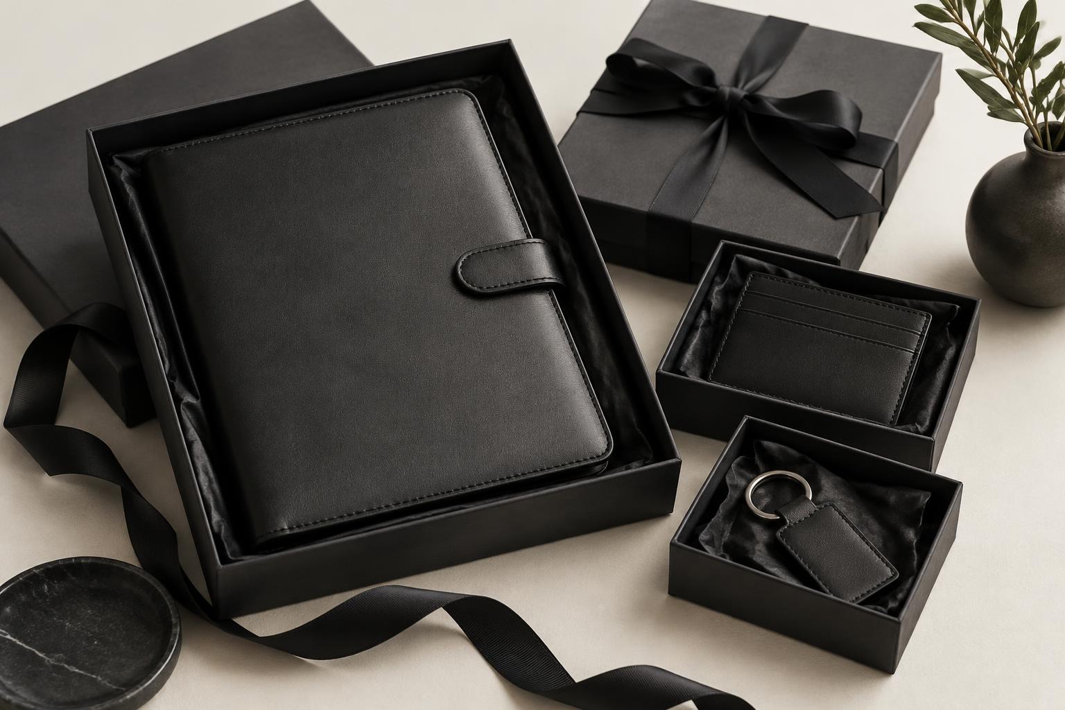 Unbranded leather gifts in black presentation boxes