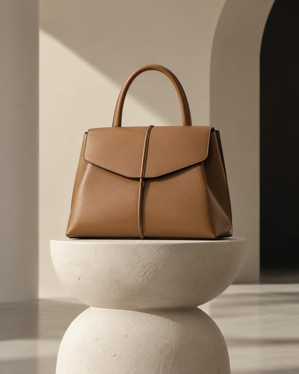 Structured tan leather handbag