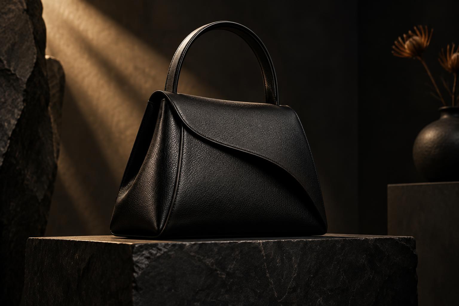 Sculptural black leather handbag in a dark studio