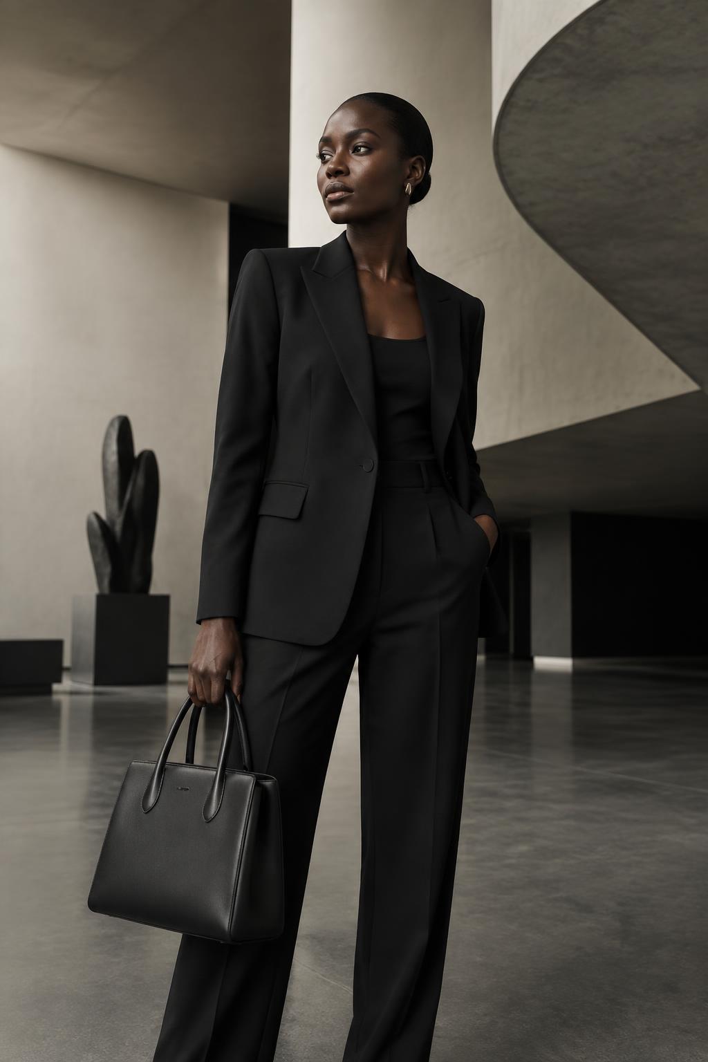 Professional woman carrying an elegant black handbag